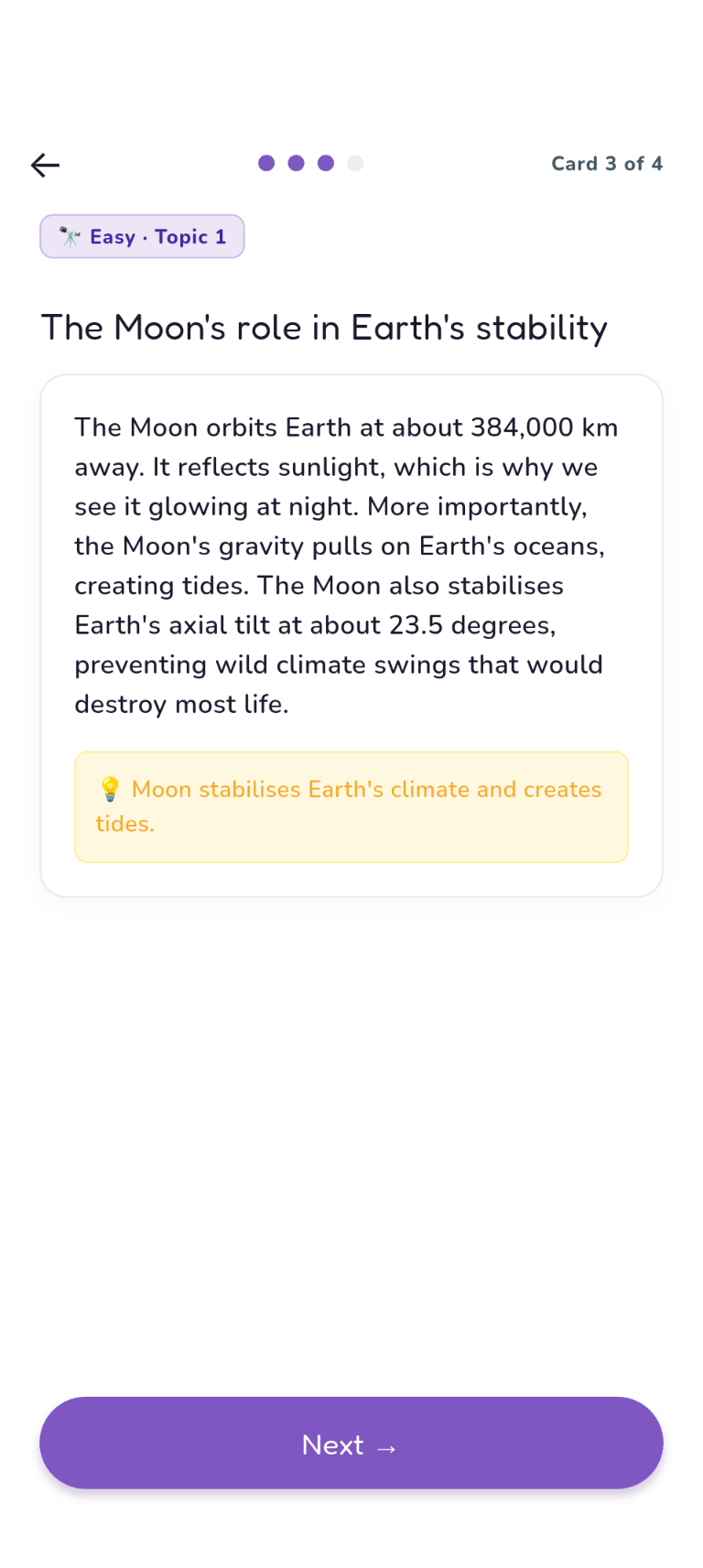 Astronomy Easy Topic 1, Examples card: The Moon's role in Earth's stability
