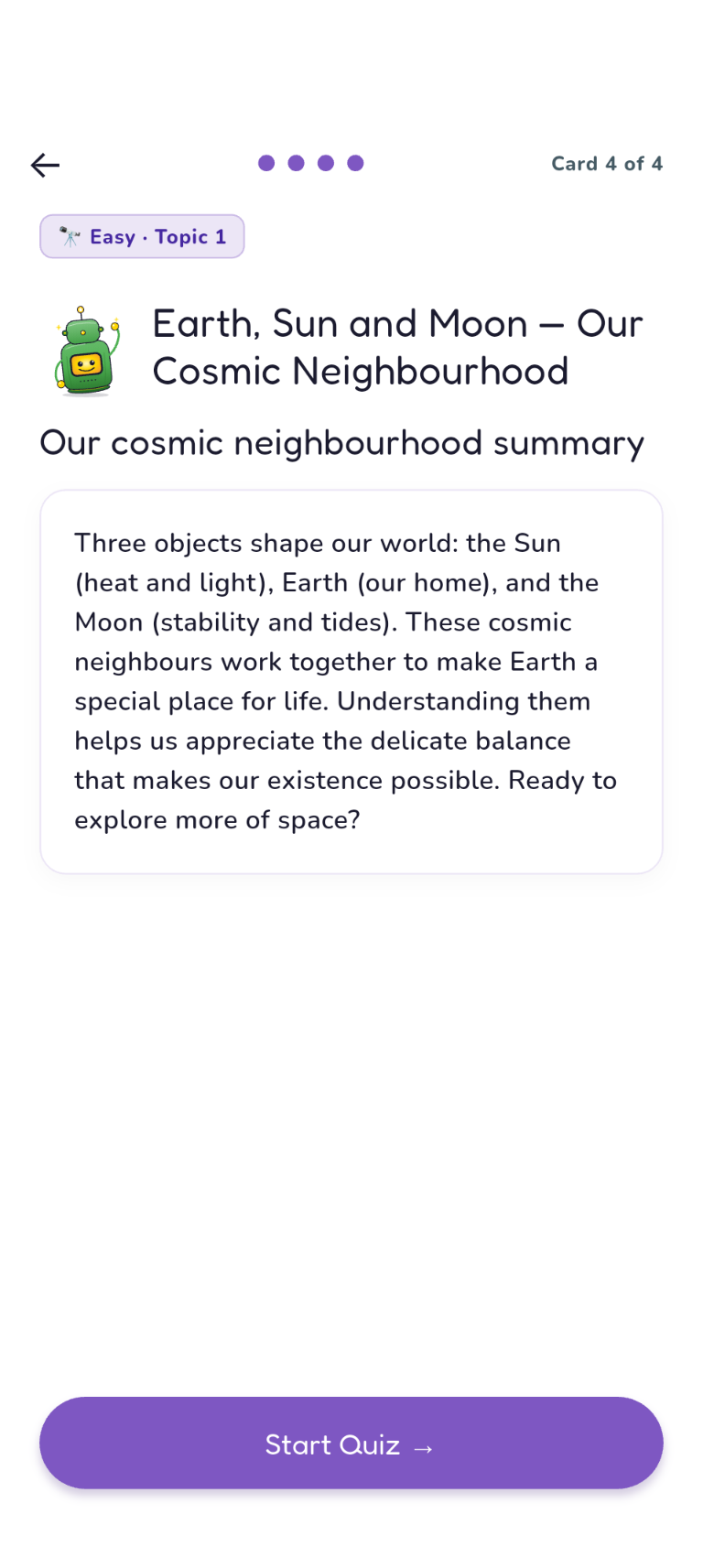 Astronomy Easy Topic 1, Recap card: Our cosmic neighbourhood summary, leading to Start Quiz