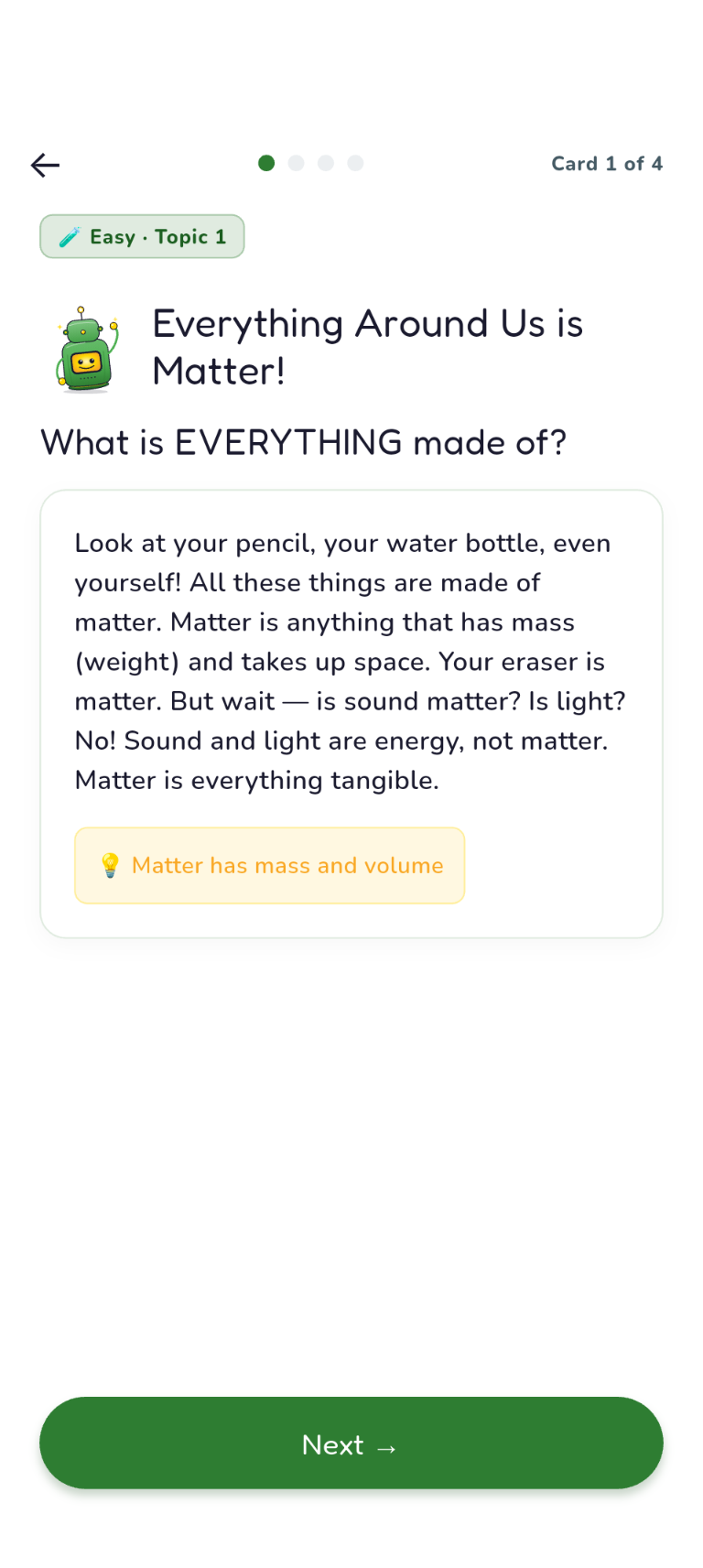 Chemistry Easy Topic 1, Hook card: Everything Around Us is Matter!