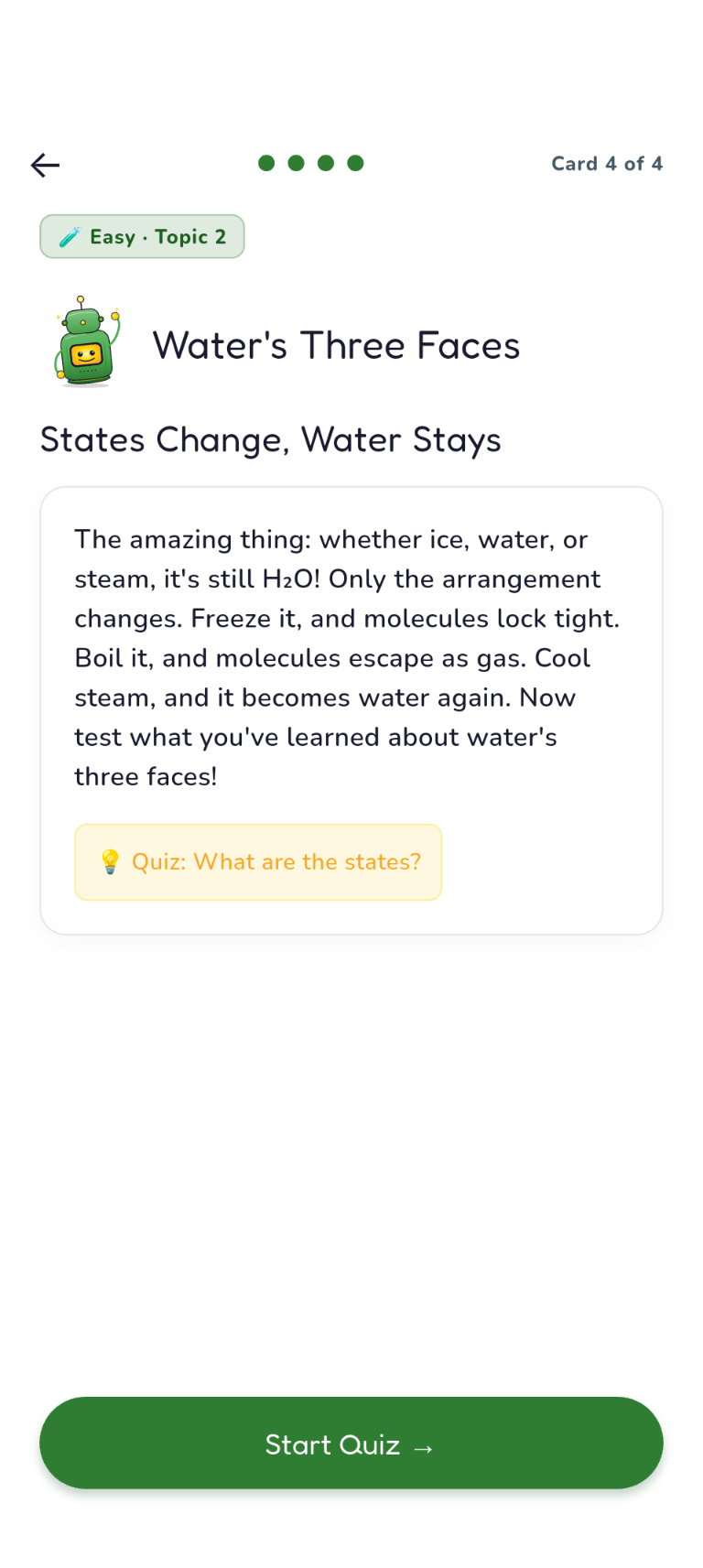 Chemistry Easy Topic 2, Recap card: Water's Three Faces, leading to Start Quiz