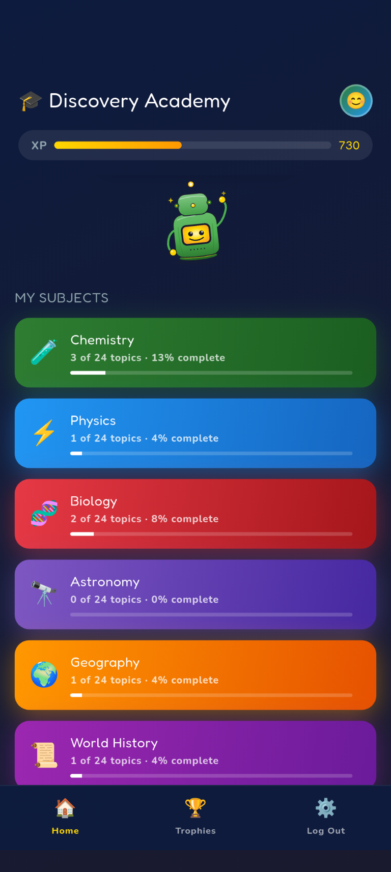 Discovery Academy subject hub showing Chemistry, Physics, Biology, Astronomy, Geography and World History with progress meters