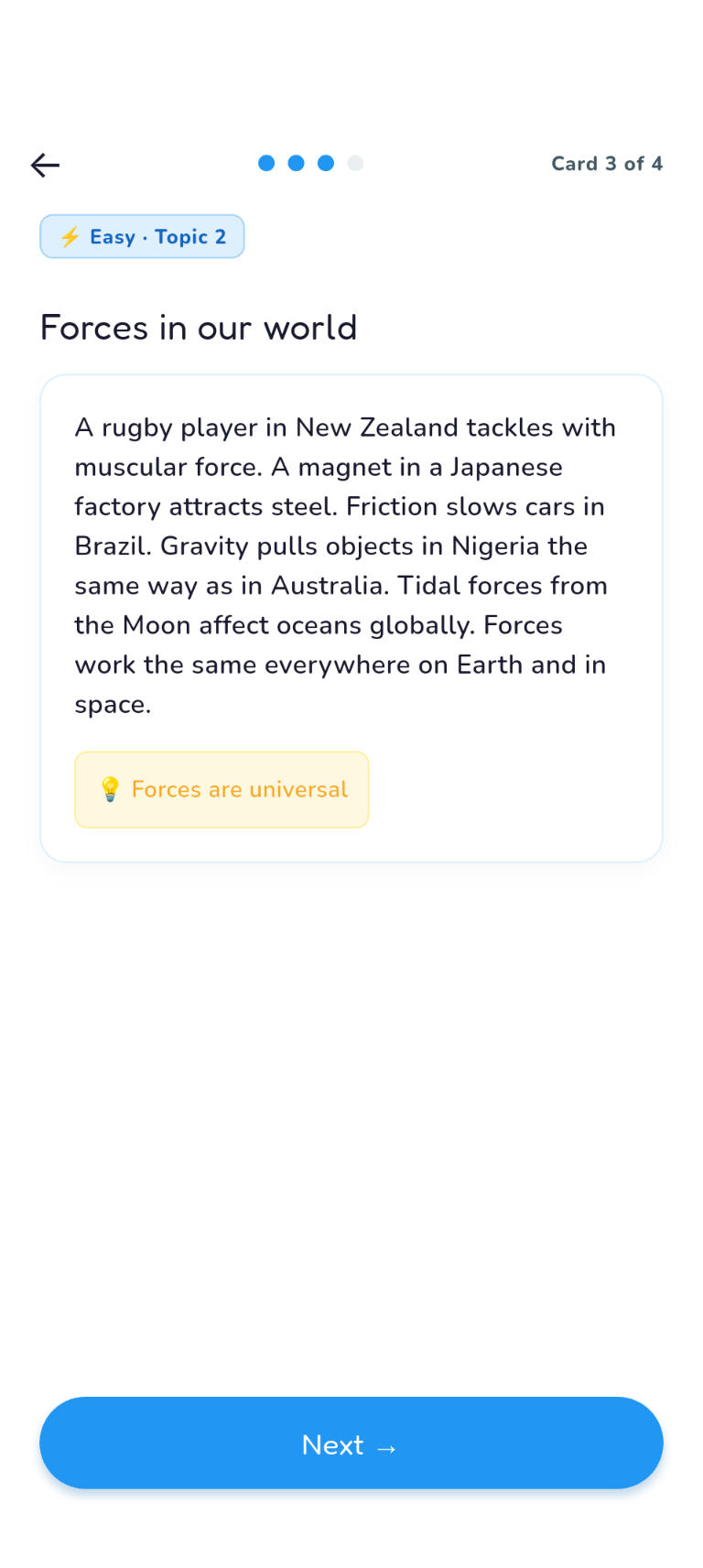 Physics Easy Topic 2, Examples card: Forces in our world
