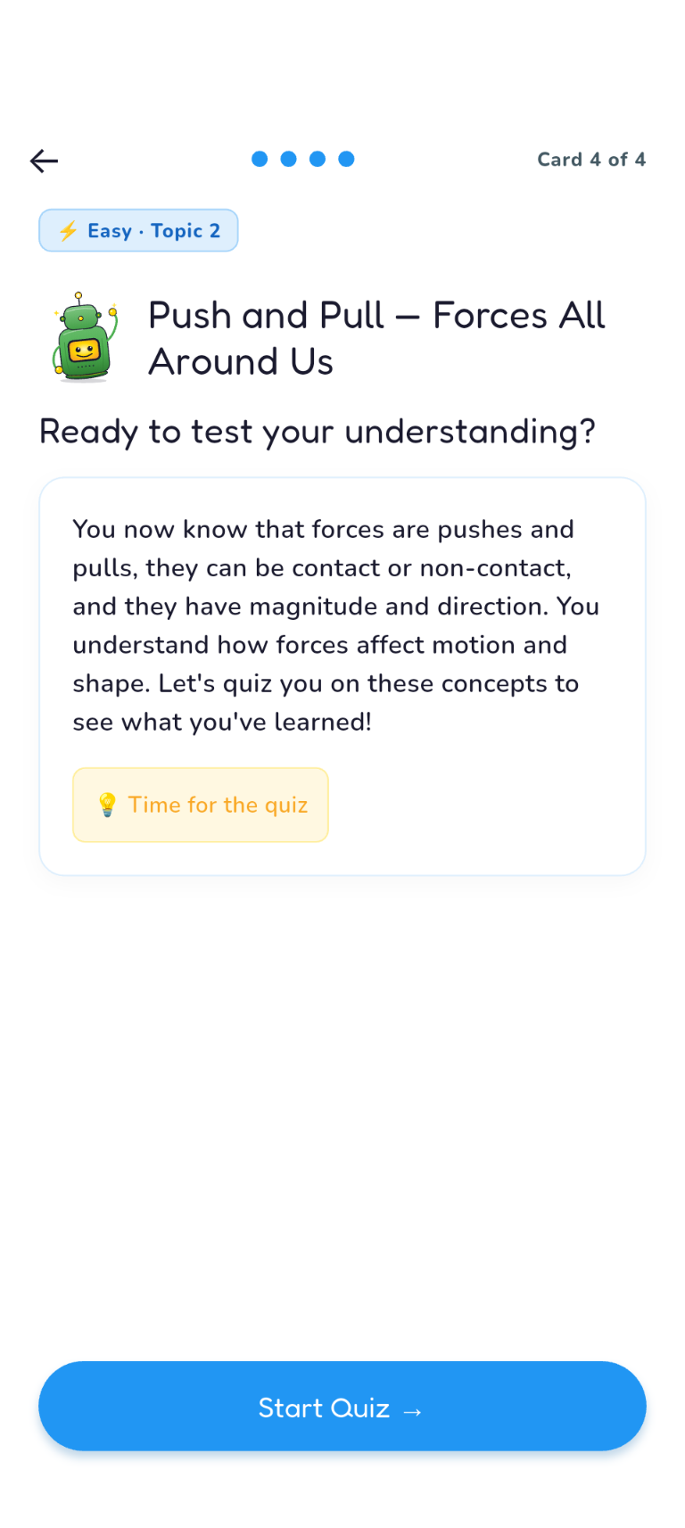 Physics Easy Topic 2, Recap card: Ready to test your understanding, leading to Start Quiz